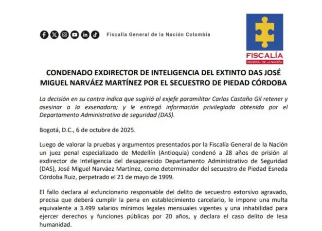 Comunicado de la Fiscalía sobre la pena a Narváez. 