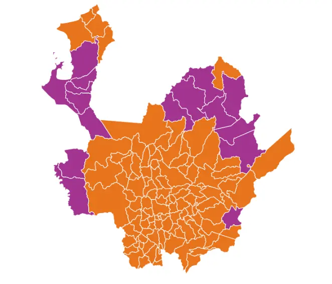 En los municipios color naranja ganó De la Espriella y en los que tiene color morado venció Cepeda.