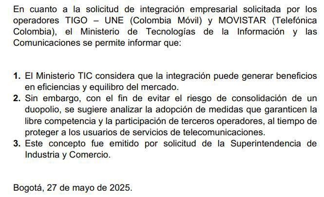 Concepto positivo del MinTIC.