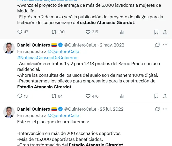 Promesas Daniel Quintero sobre el Atanasio Girardot.