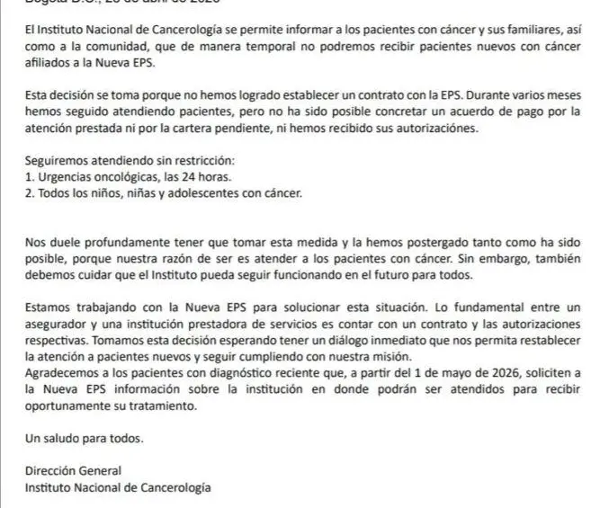 Este es el comunicado del Instituto de Cancerología. Foto: redes