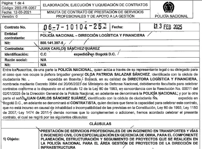 Contrato firmado con la Policía por Juan Carlos Sánchez.