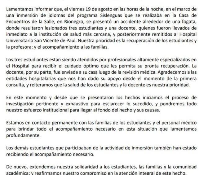 Tres estudiantes de Envigado resultaron quemados en medio de una fogata en Rionegro