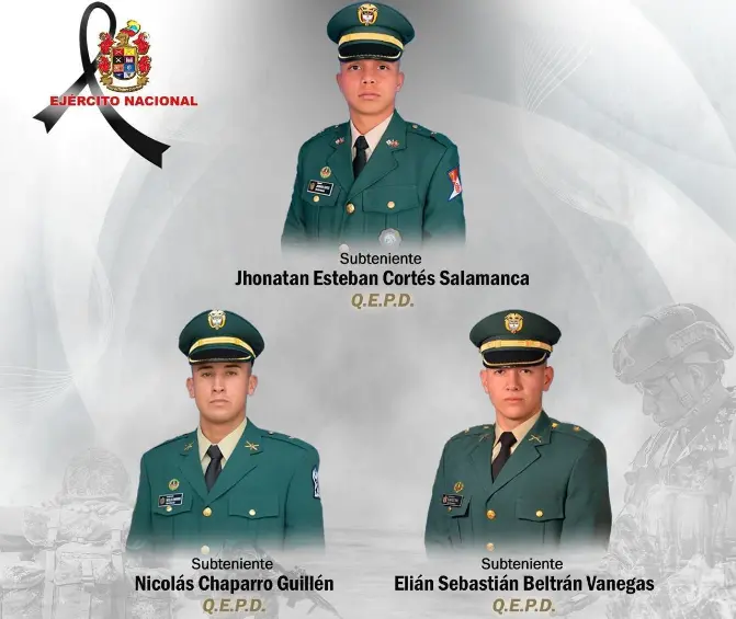 Ellos eran los tres subtenientes que murieron en un ejercicio táctico en el río Magdalena. FOTO: Cortesía Ejército