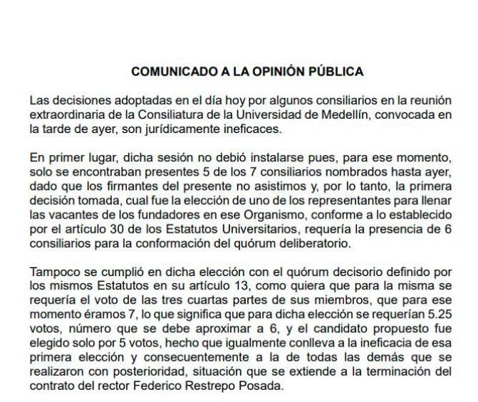 Piden al Ministerio de Educación revisar supuesto incumplimiento de estatutos en reunión que sacó al rector de la Universidad de Medellín