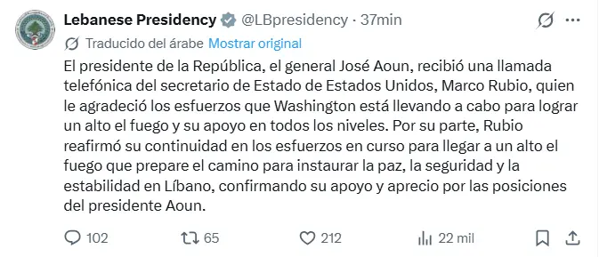 Mensaje de Joseph Aoun en red social X. Foto: captura de pantalla