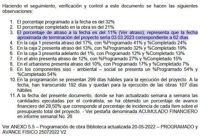 Informe de Interventoría de la Biblioteca España de julio de 2022. FOTO: Cortesía.