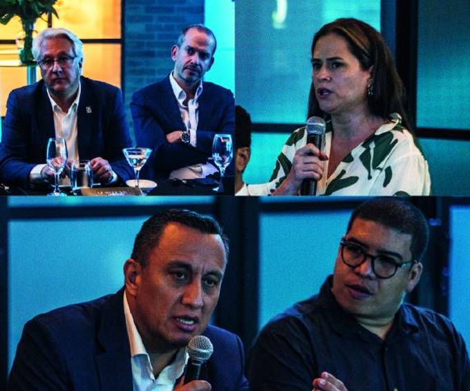 Arriba: Tomás Elejalde, Gerente del Metro de Medellín. Jean Pierre Serani, presidente de Odinsa. Beatriz López, Gerente General Grupo EL COLOMBIANO. Abajo: José Fernando Quintero, CEO de Indra. FOTO: Julio César herrera