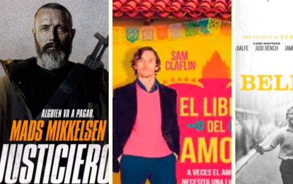 Imagen de tres de las cintas en cartelera: El Justiciero, El libro del amor y Belfast. FOTO Cortesía