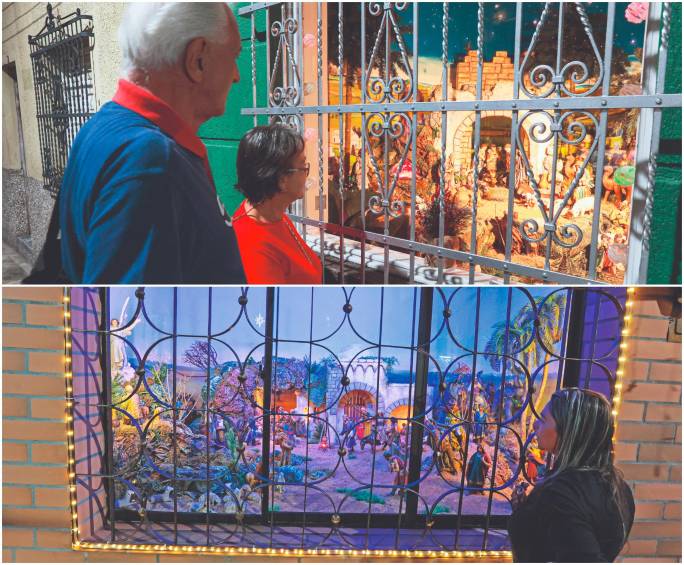 Arriba, el pesebre de Silvia Espinosa; abajo, el de la casa del padre Juan Pablo García. Ambos son apreciados por todos los que pasan frente a sus casas. FOTOS Manuel Saldarriaga