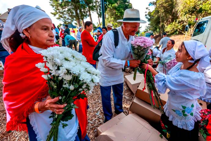 Este evento, que sirve como la antesala más auténtica al Desfile de Silleteros, es un ritual ancestral donde el canje de flores se entrelaza con el intercambio de saberes, historias y el profundo orgullo de ser silletero. Foto: Manuel Saldarriaga Quintero