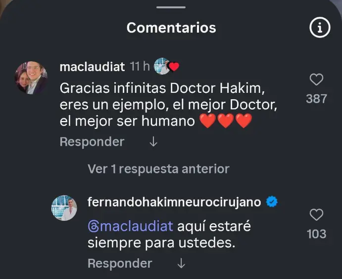 Respuesta de María Claudia a la publicación del doctor Hakim en Instagram. Imagen, tomada de redes sociales.