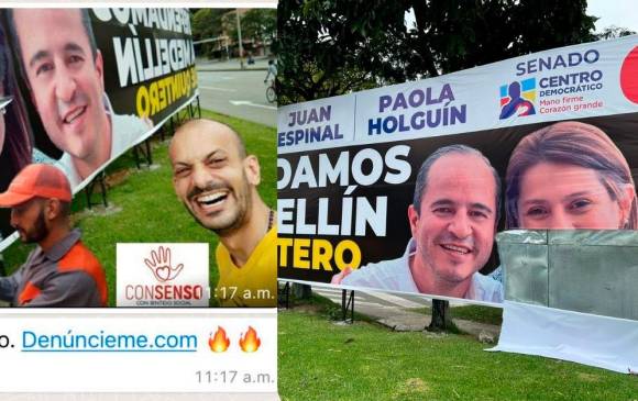Los rostros de la valla son de Juan Espinal, candidato a la Cámara por Antioquia, y de la senadora Paola Holguín. FOTO TWITTER JUAN ESPINAL