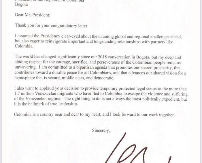 Esta es la carta que el presidente Biden le envió a su homólogo colombiano. FOTO Cortesía