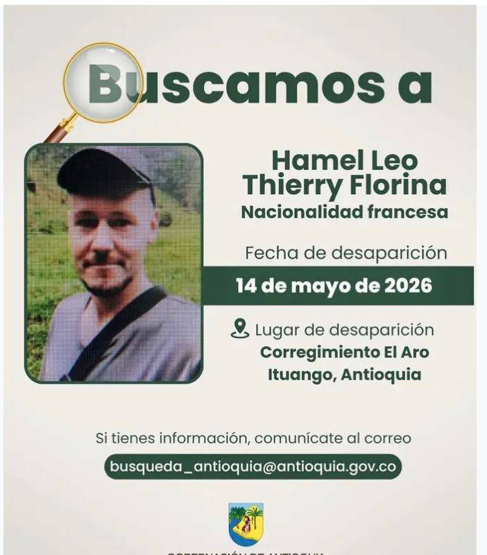 La madre del joven desaparecido informó que perdió contacto con su hijo desde el 16 de abril de 2026. FOTO: Gobernación de Antioquia