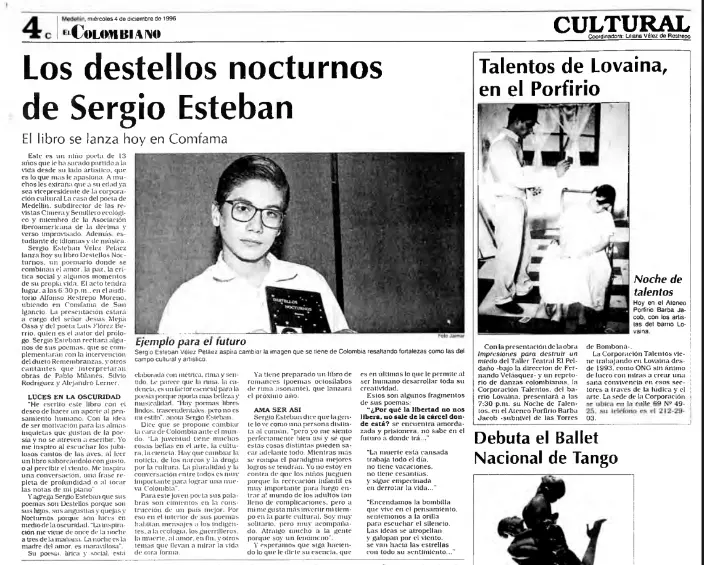 Desde muy pequeño la carrera de Sergio Esteban en la cultura se destacó en las páginas de EL COLOMBIANO.