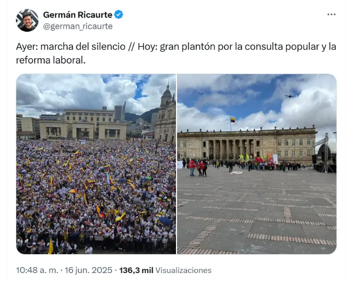 A la derecha: el panorama en la Plaza de Bolívar indica que fue un fracaso “el gran plantón” convocado por Petro para promover la consulta popular y las reformas del Gobierno