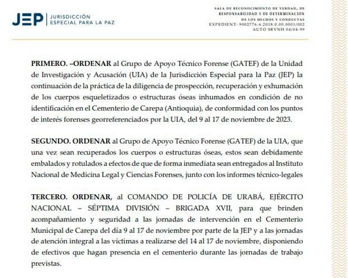 JEP extendió la búsqueda de cuerpos de posibles víctimas de desaparición forzada en el cementerio de Carepa