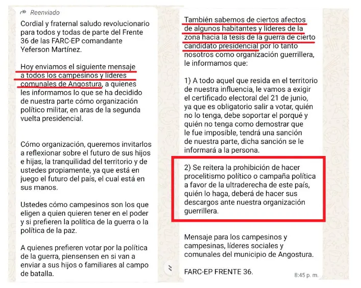 El mensaje del frente 36 de las Farc, enviado a los campesinos de Angostura, Antioquia, por medio de WhatsApp. Resaltamos algunas partes,, para enfatizar el delito de constreñimiento al elector. FOTOS: CORTESÍA.