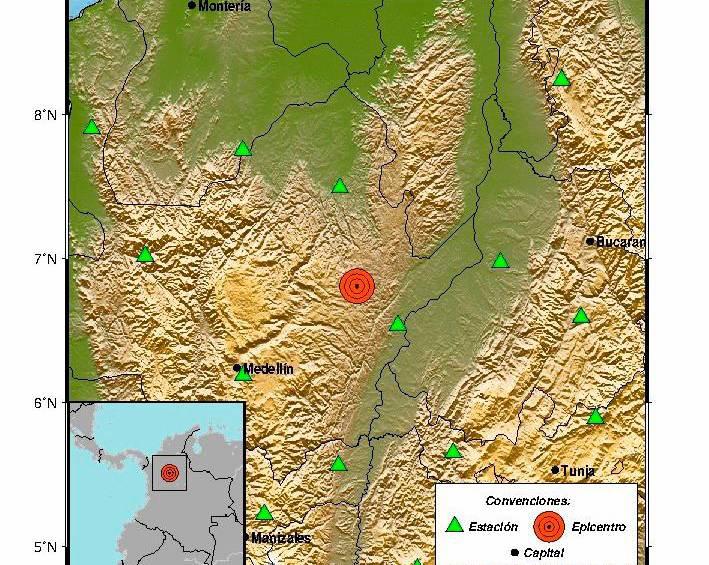 Imagen del más reciente temblor en Antioquia, con epicentro en Vegachí y magnitud de 4.5. FOTO: SERVICIO GEOLÓGICO COLOMBIANO