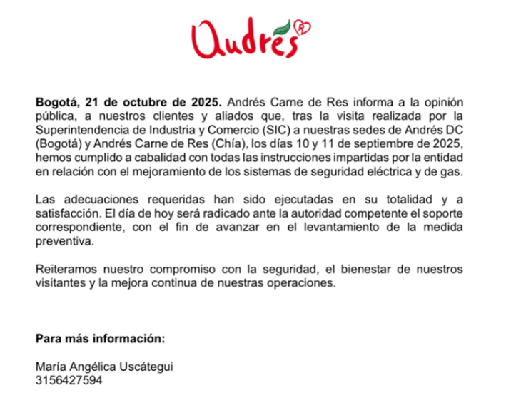 Comunicado oficial de Andrés Carne de Res vía Instagram.