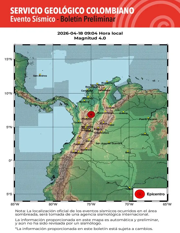 Según el SGC, la magnitud fue de 4.0 en la escala de Richter, profundidad superficial (menor a 30 kilómetros). FOTO: SGC.