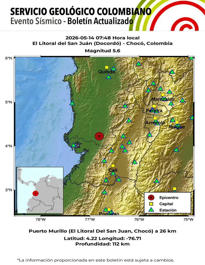 Sismo de magnitud 5.6, con profundidad de 112 km, en El Litoral del San Juán (Docordó), Chocó, el pasado 14 de mayo. FOTO: SGC.