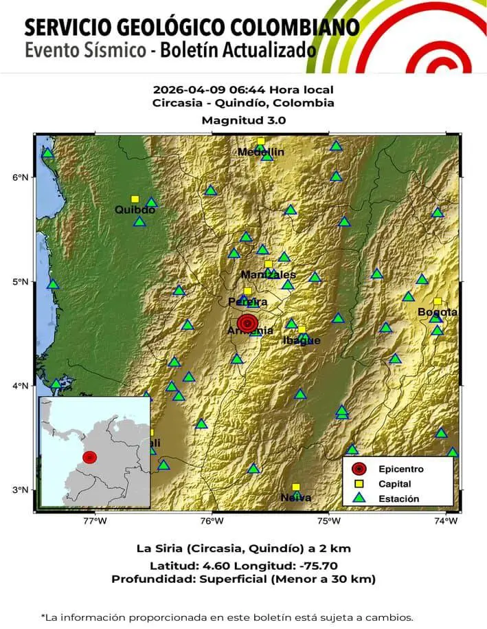 El Servicio Geológico Colombiano reportó un sismo en Circasia, Quindío, en la mañana de este 9 de abril. FOTO: Servicio Geológico Colombiano.