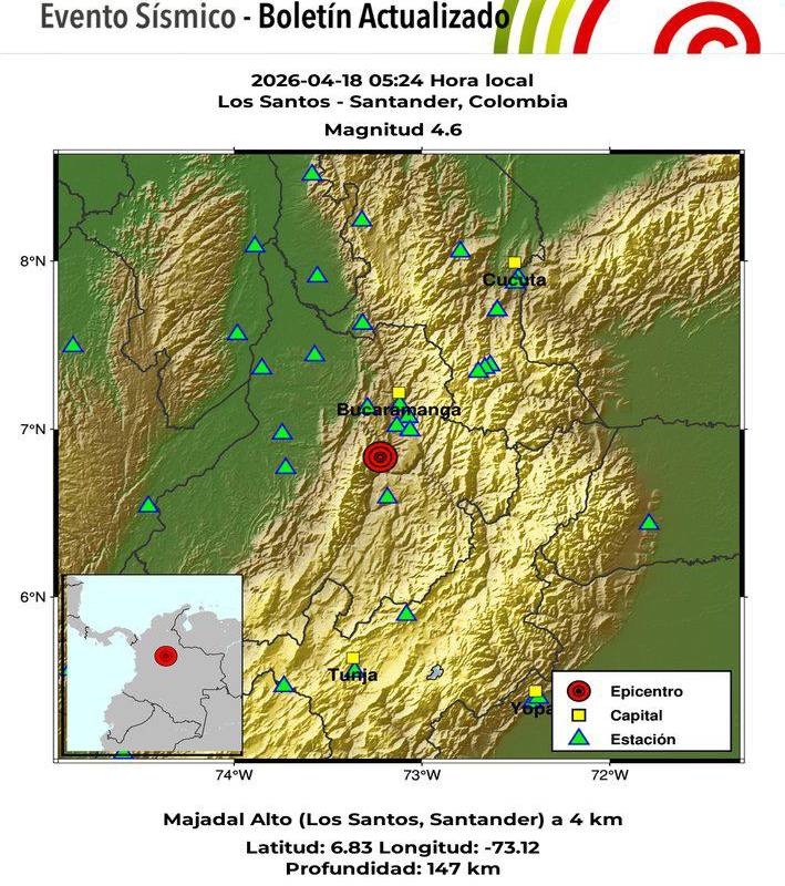 El primer evento sísmico y el de mayor intensidad se registró cuando el reloj marcaba las 05:24 a. m. FOTO: SGC.