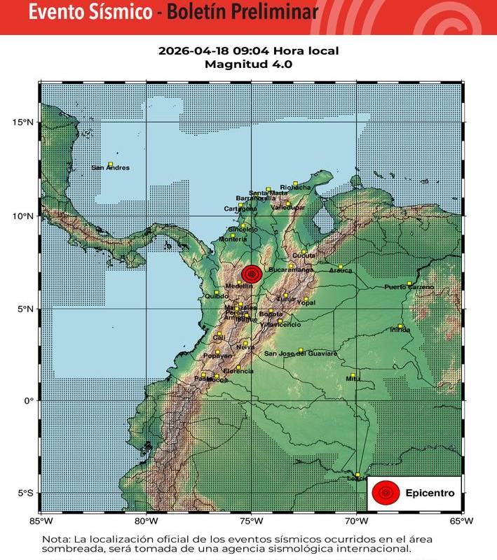 Según el SGC, la magnitud fue de 4.0 en la escala de Richter, profundidad superficial (menor a 30 kilómetros). FOTO: SGC.
