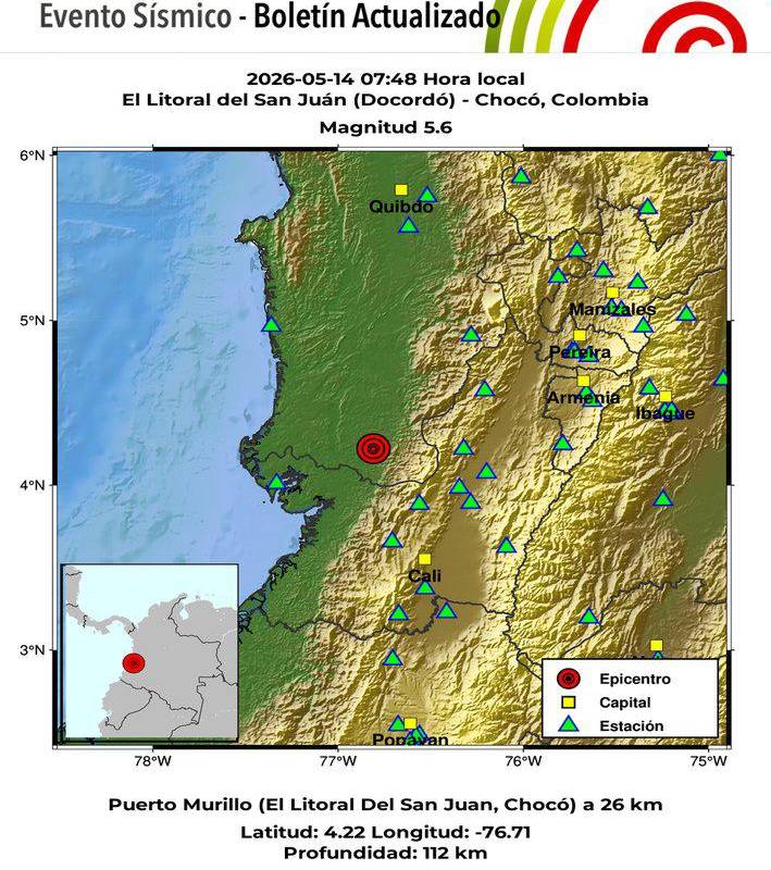 Sismo de magnitud 5.6, con profundidad de 112 km, en El Litoral del San Juán (Docordó), Chocó, el pasado 14 de mayo. FOTO: SGC.