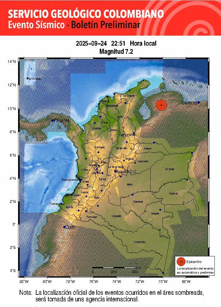 Este fue el segundo sismo que se produjo en las últimas horas con epicentro en Venezuela. FOTO: TOMADA DEL X DE @sgcol