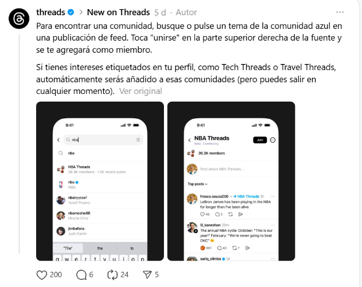 Así puede buscar comunidades en Threads. Foto: @Threads