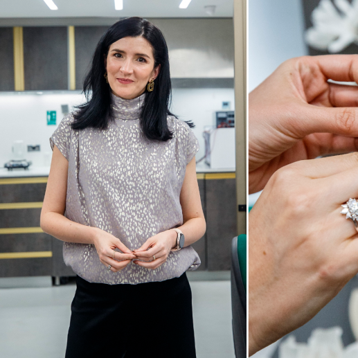 Isabel Henao en el taller de la joyería Inter. A la derecha, dos de las referencias de sus anillos. FOTOS Camilo Suárez.