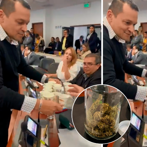 El representante Alejandro Ocampo sorprendió la sesión de la Comisión Primera de la Cámara de representantes al entregar productos derivados de la marihuana. FOTO TWITTER @JUANFRAILE