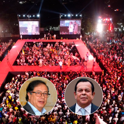 El presidente Petro (izquierda) se refirió al evento con la tarima en forma de ‘P’ que habría financiado Torres (derecha); aseguró que no fue un evento de campaña. FOTO COLPRENSA 