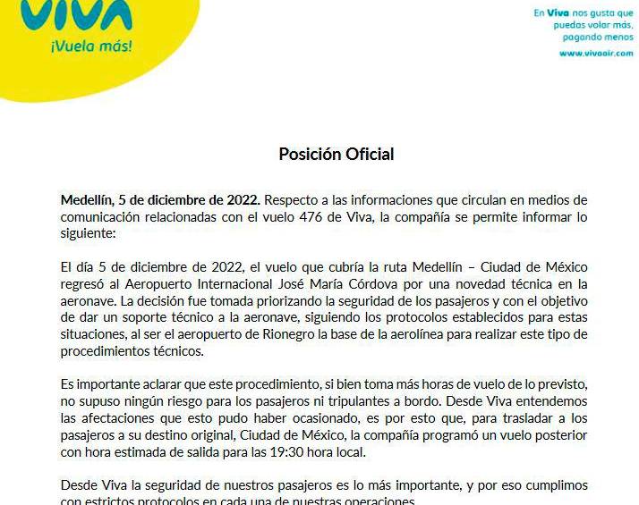 Video | Avión que salió del José María Córdova se tuvo que regresar por incidente