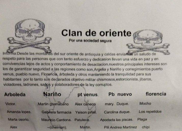 Un panfleto entregado en los municipios de Arboleda y Nariño repartido en horas de la mañana. Foto: Cortesía Orientese. 