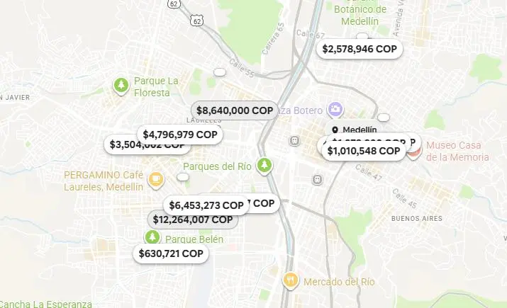 Mapa de precios por alojamientos en Airbnb para la ciudad de Medellín. FOTO: captura de pantalla.