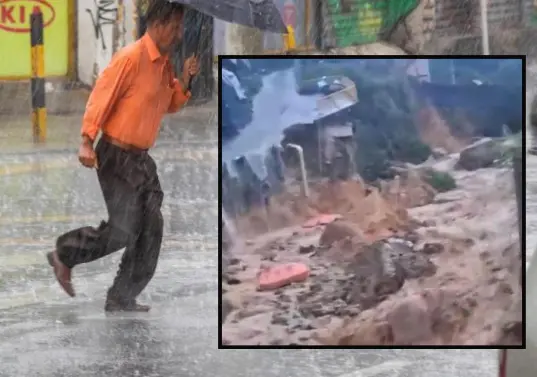 Adelante, los estragos causados en la vereda Manzanillo de Altavista. Atrás, lluvias de Medellín. FOTO: EL COLOMBIANO y Cortesía Denuncias Antioquia