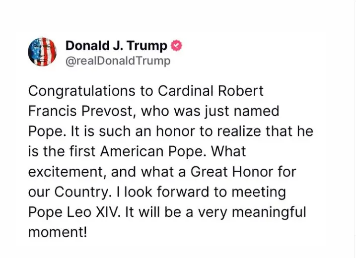 Trump felicita al papa León XIV y celebra como un “gran honor” que sea estadounidense