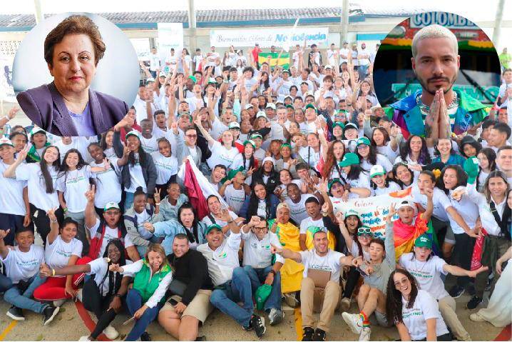 300 jóvenes se sumaron al campamento en el municipio de Caicedo. (En la imagen J Balvin y la Nobel Shirin Ebadi). FOTO: CORTESÍA