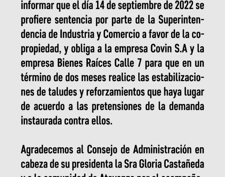 Comunicado de prensa enviado por la administración de la unidad Atavanza.