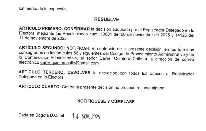 Resolución de la Registraduría confirma que Quintero no podrá inscribir comité de recolección de firmas.