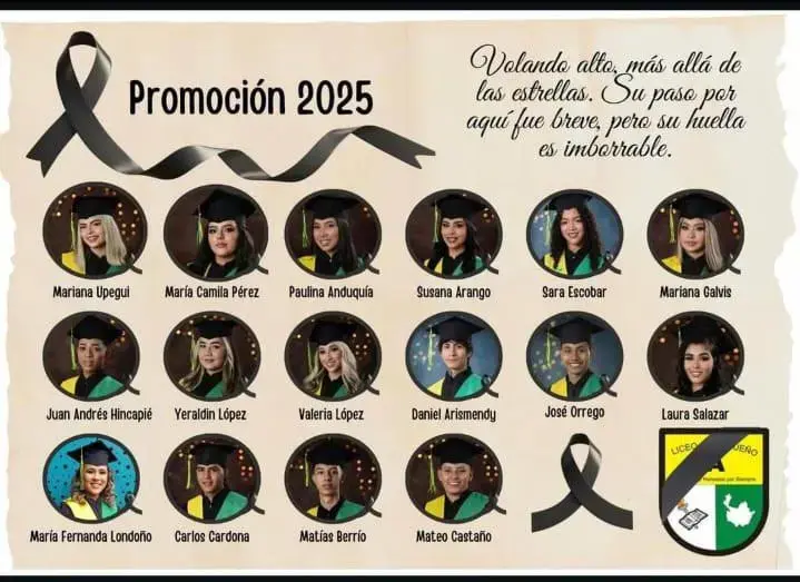 Los recién egresados Liceo Antioqueño de Bello que perdieron la vida en el accidente. Foto: redes sociales