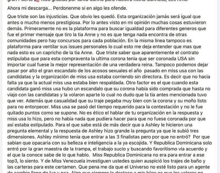 Este pantallazo fue tomado por un periodista puertorriqueño en el perfil de Arline Cariño antes de que esta lo eliminara impulsada por la división de opiniones que generó. 