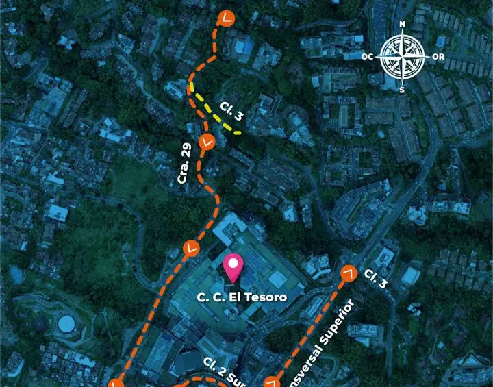El mapa de cierres viales y vías alternas ante la construcción del paso a desnivel en la loma El Tesoro en El Poblado. FOTO Alcaldía de Medellín. 