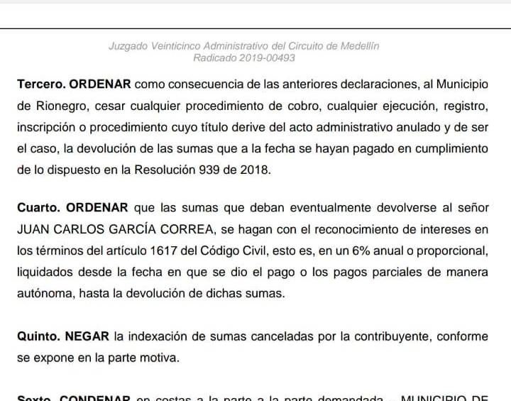 Parte del fallo del Juzgado 25 Administrativo de Medellín,