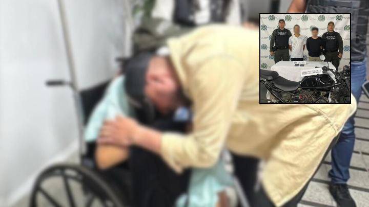 Al fondo, el momento exacto donde la mujer es rescatada y llevada al centro asistencial para recibir atención médica. En el recuadro, los dos hombres que la habrían secuestrado. FOTO: Cortesía Alcaldía de Medellín
