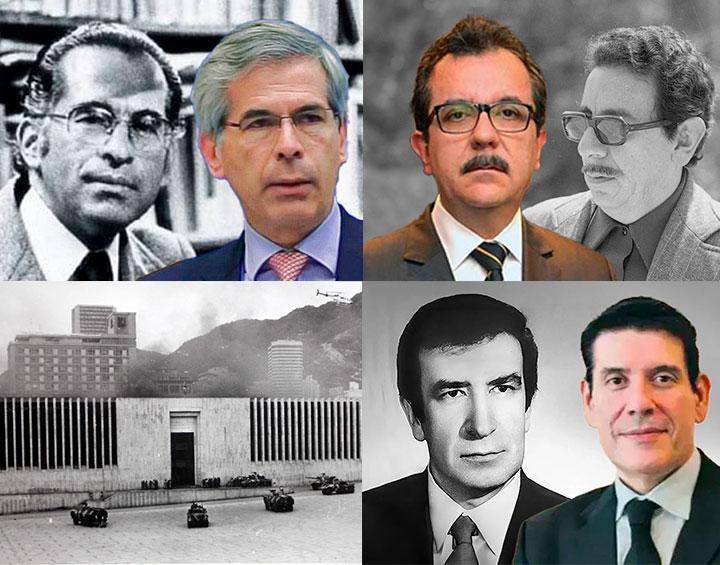 Padres e hijos unidos por la justicia: los magistrados del Palacio y sus descendientes, hoy abogados que continuaron su camino en el Derecho. FOTOS: COLPRENSA, REDES SOCIALES MEDELLÍN &amp; DURÁN ABOGADOS, COLEGIO CLAUSTRO MODERNO, CORTESÍA